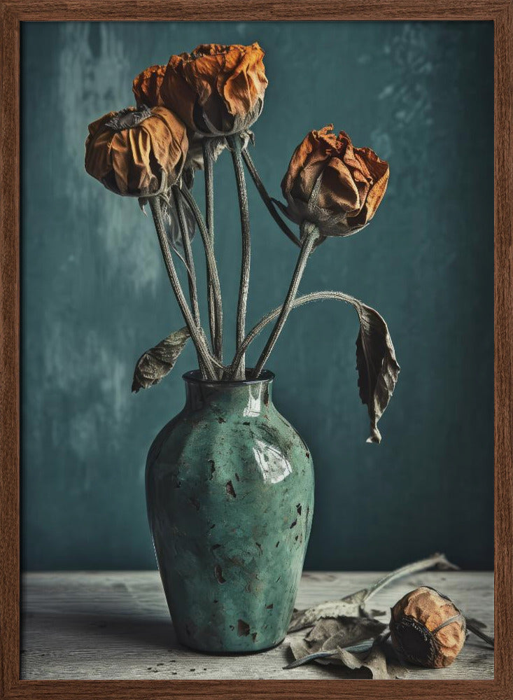 Dry Flowers In Turquoise Vase Poster
